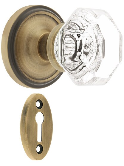 Classic Rosette Mortise Lock Set With Waldorf Crystal Knobs in Antique Brass.